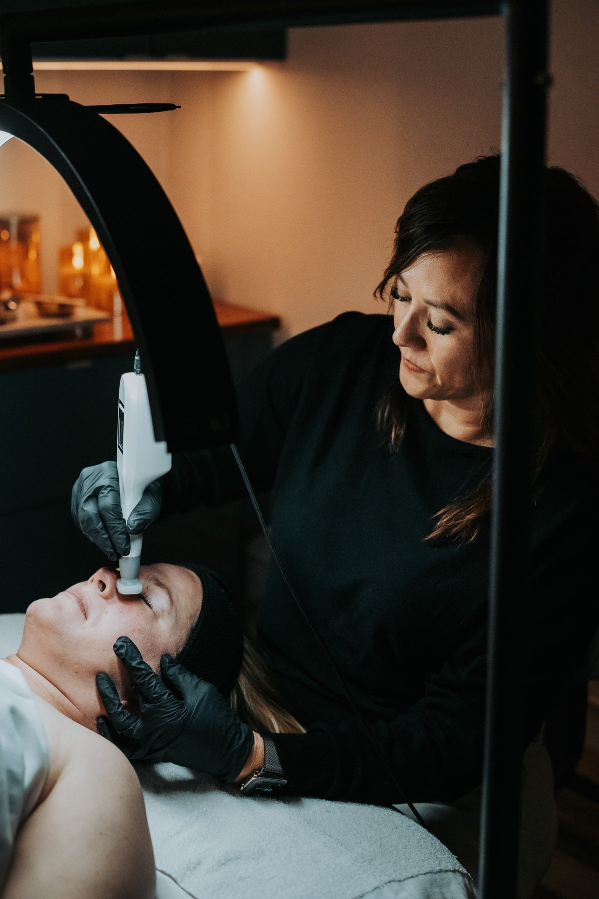 Client receiving Jet Plasma Treatment from Master Esthetician Michelle Vierra