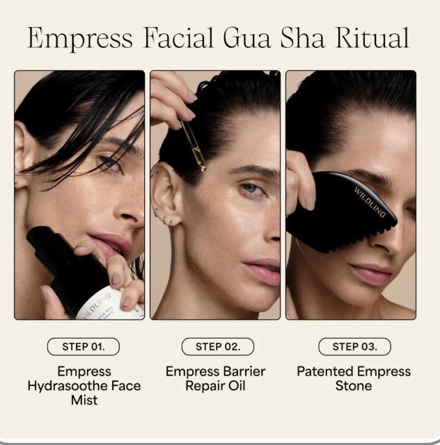 Wildling Empress Stone gua sha ritual: Hydrasoothe Face Mist, Barrier Repair Oil, then Empress Stone